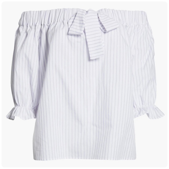 Harshman Coastal Gruner Off Shoulder Linen Blend Top White & Lavender Stripe 3X - Picture 7 of 13